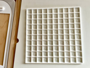 White plastic grid tray with 100 numbered square compartments arranged in a 10 by 10 layout on a white surface