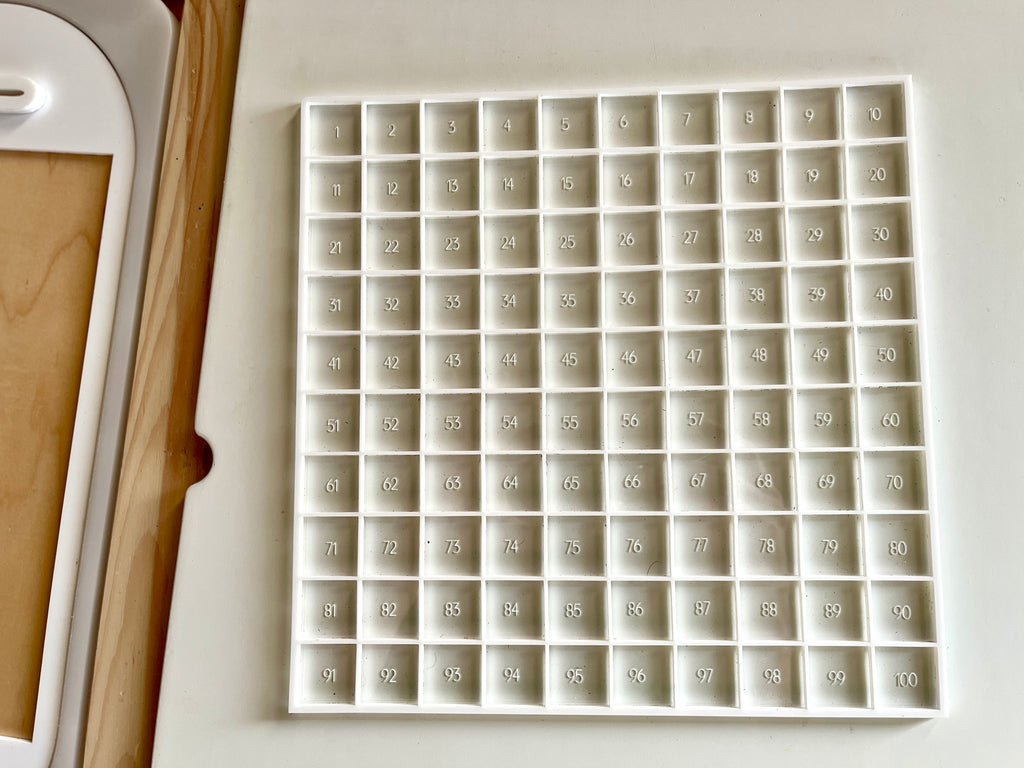 White plastic grid tray with 100 numbered square compartments arranged in a 10 by 10 layout on a white surface