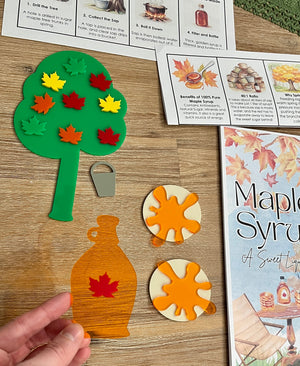 Little Dry Erasables - Pancakes with Maple Syrup, Maple Tree and Leaves featuring a green maple tree with colorful leaf magnets, translucent maple syrup jug and pancake pieces, educational printable pages, handcrafted homeschool education resources.