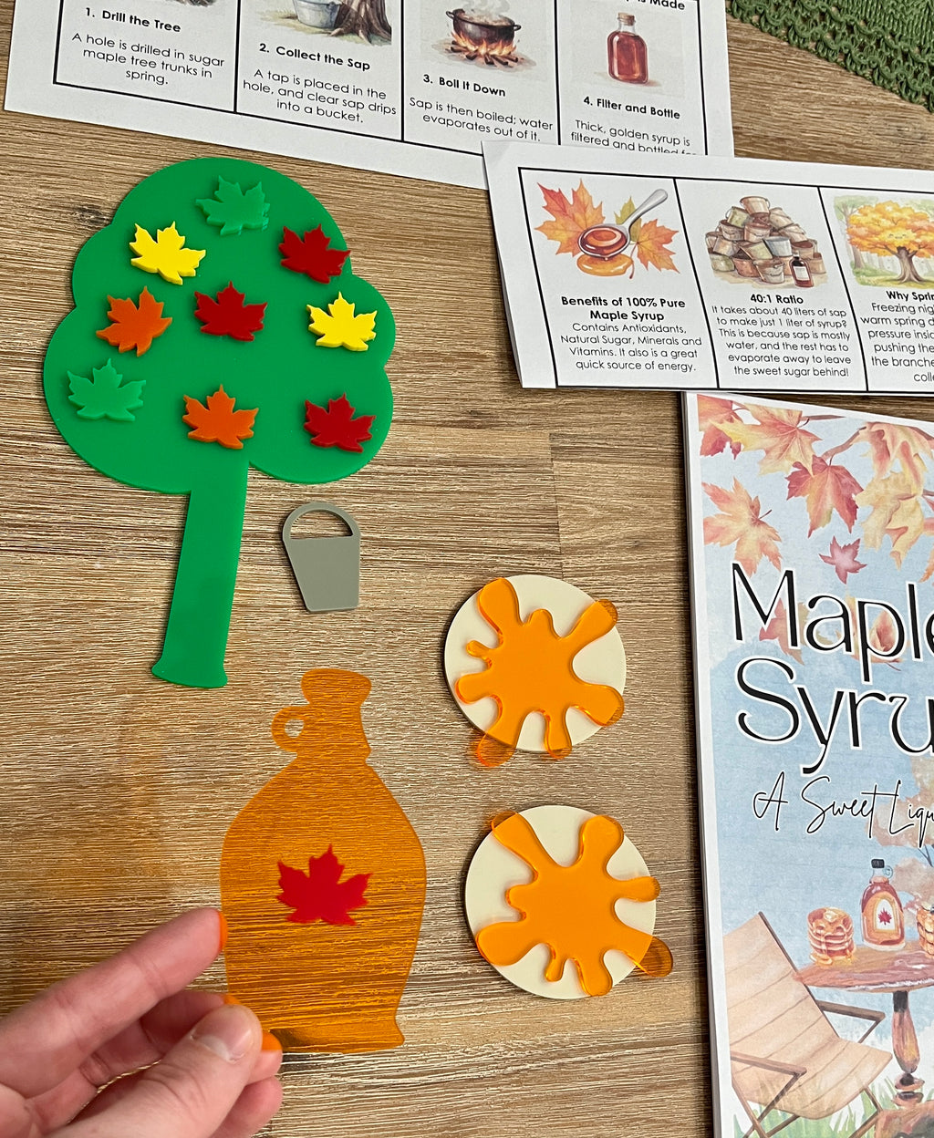 Little Dry Erasables - Pancakes with Maple Syrup, Maple Tree and Leaves featuring a green maple tree with colorful leaf magnets, translucent maple syrup jug and pancake pieces, educational printable pages, handcrafted homeschool education resources.
