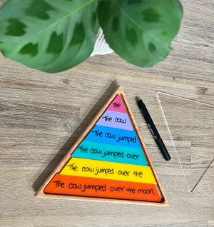 Nesting Triangle Pyramid Wooden Sensory Trays showcasing colorful layered wooden pieces with progressive sentence segments, black dry erase marker, and natural wood texture, handcrafted homeschool education resources.