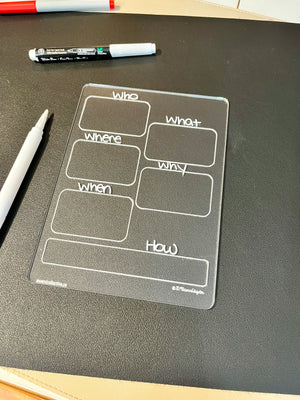 Clear plastic organizer board with labeled sections who, what, where, why, when, and how on a black surface with pens nearby