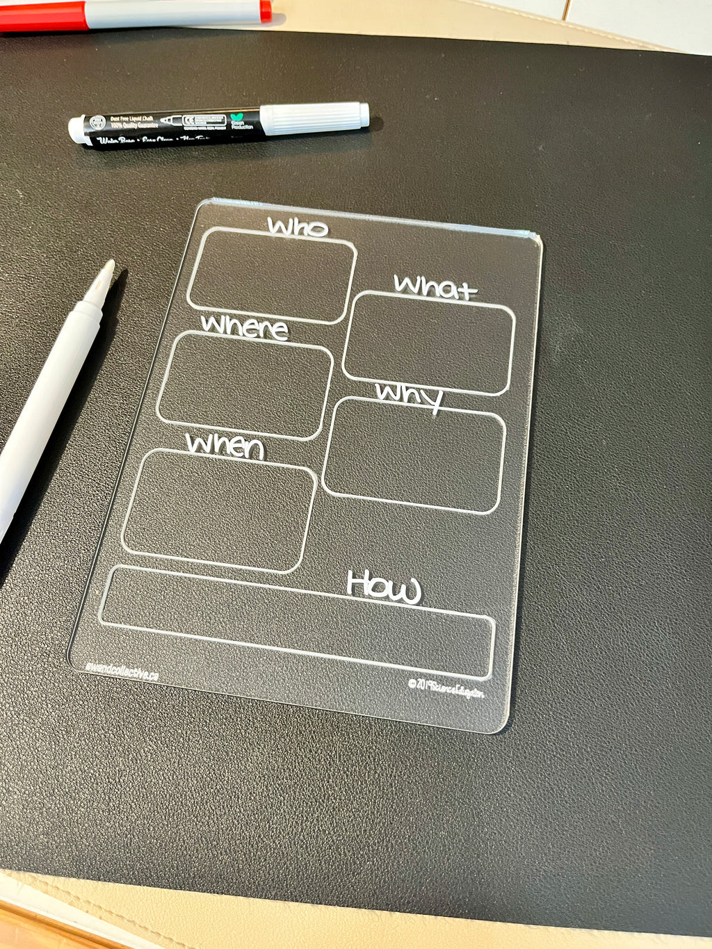 Clear plastic organizer board with labeled sections who, what, where, why, when, and how on a black surface with pens nearby