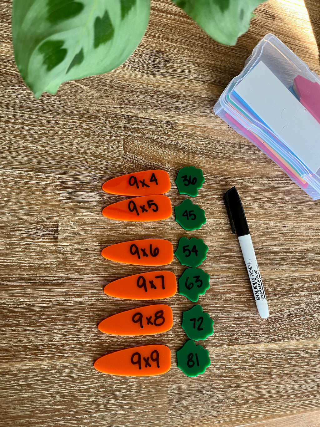 Little Dry Erasables - Small Carrots & Tops - Set of 6 / 12 Pcs Total showing bright orange carrot-shaped pieces with multiplication facts paired with green tops featuring answers, a black dry erase marker, handcrafted homeschool education resources.