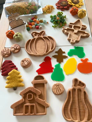 Wooden trays shaped like barn, pumpkin, scarecrow, and fall shapes with colorful felt decorations and mini pumpkins on table