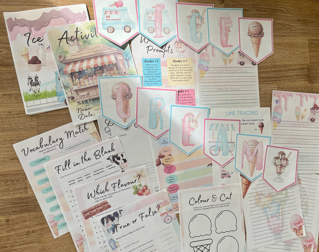 Digital Download | Ice Cream Unit Study displaying printable homeschool materials with vocabulary, writing prompts, coloring pages, and engaging activity sheets for handcrafted homeschool education resources.
