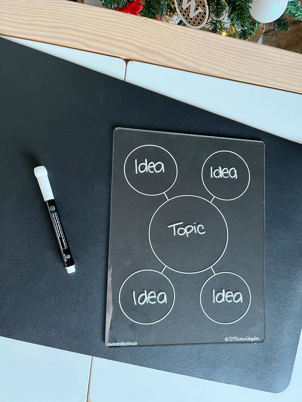 Clear plastic writable mind map board with connected circles labeled Topic and Idea, with a black dry erase marker nearby