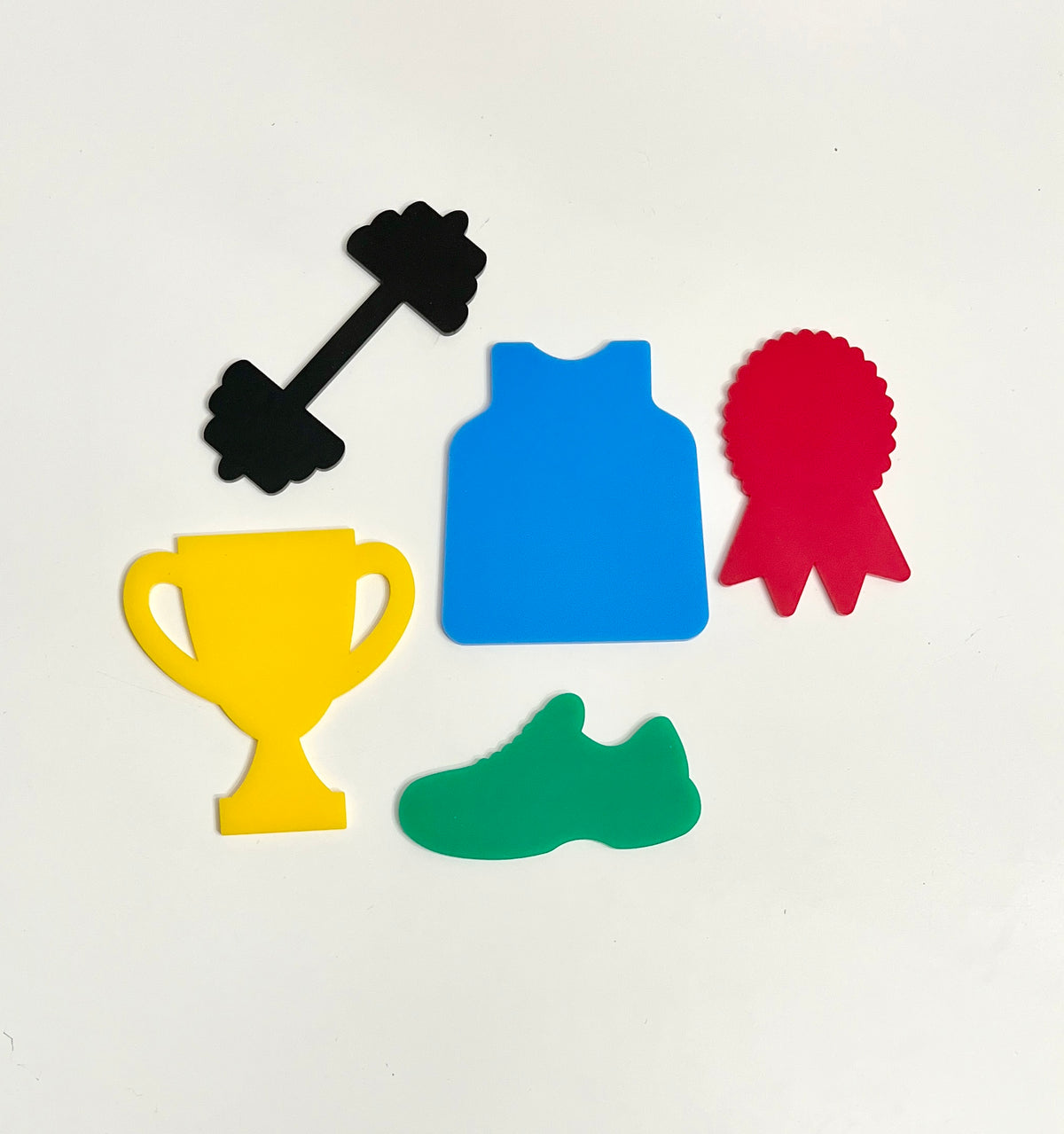 Black dumbbell, blue tank top, red award ribbon, yellow trophy, and green sneaker shapes on white background