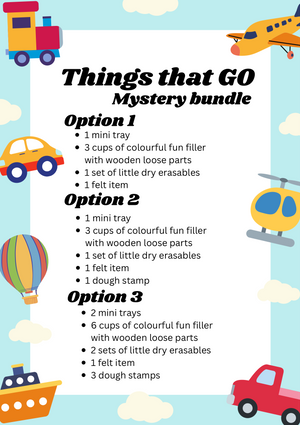 Playful transport-themed background with colorful cartoon vehicles surrounding text listing three bundle options.