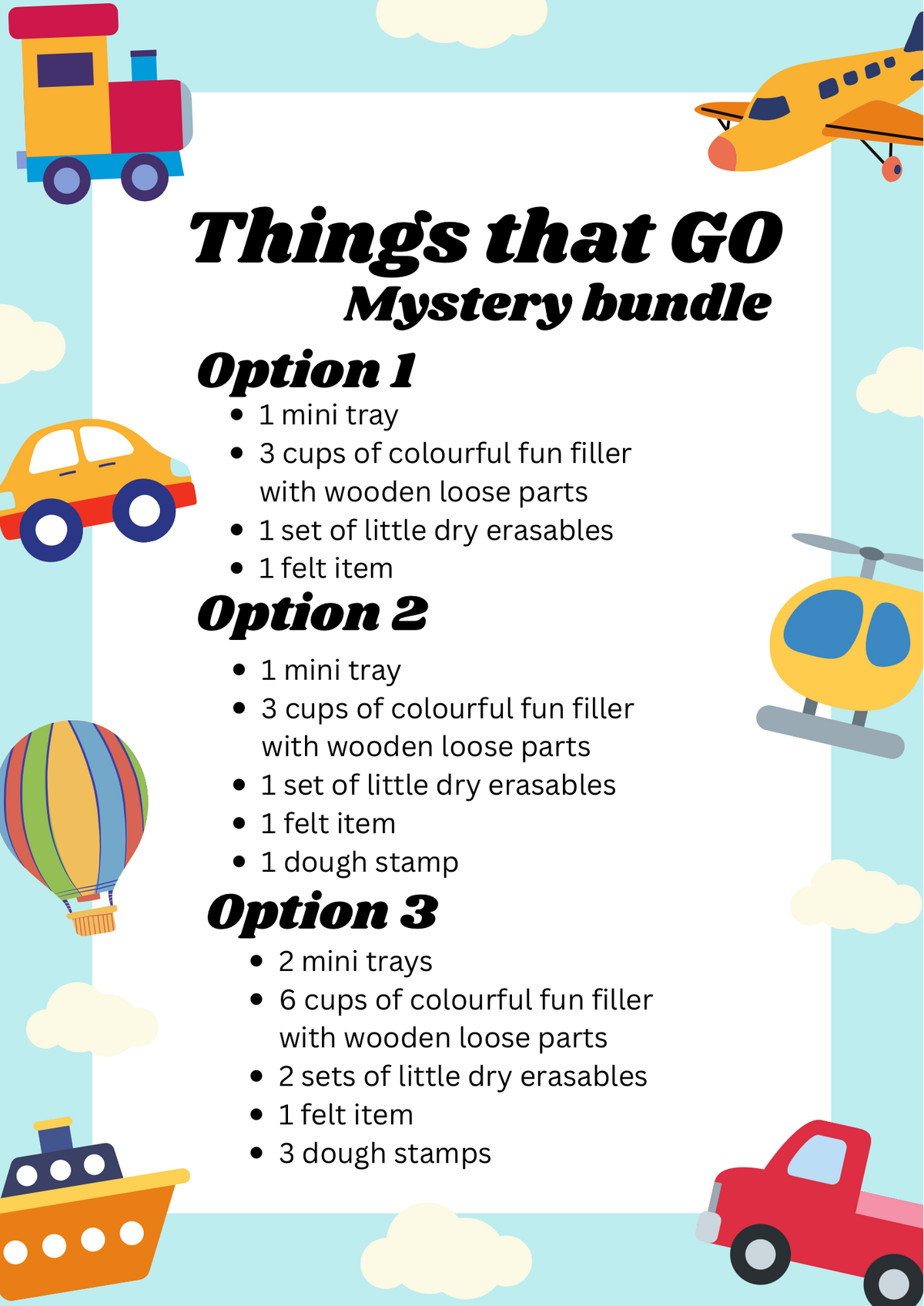 Playful transport-themed background with colorful cartoon vehicles surrounding text listing three bundle options.