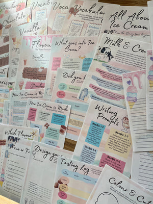 Digital Download | Ice Cream Unit Study showcasing printable pages with science facts, vocabulary, flavor history, writing prompts, and tasting log for handcrafted homeschool education resources.