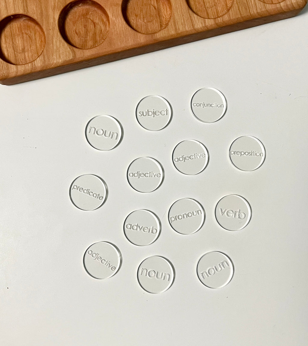 Mini Wood or Clear Acrylic Parts of Speech / Grammar Label Discs featuring clear acrylic discs engraved with various parts of speech terms, displayed near a wooden tray, handcrafted homeschool education resources.