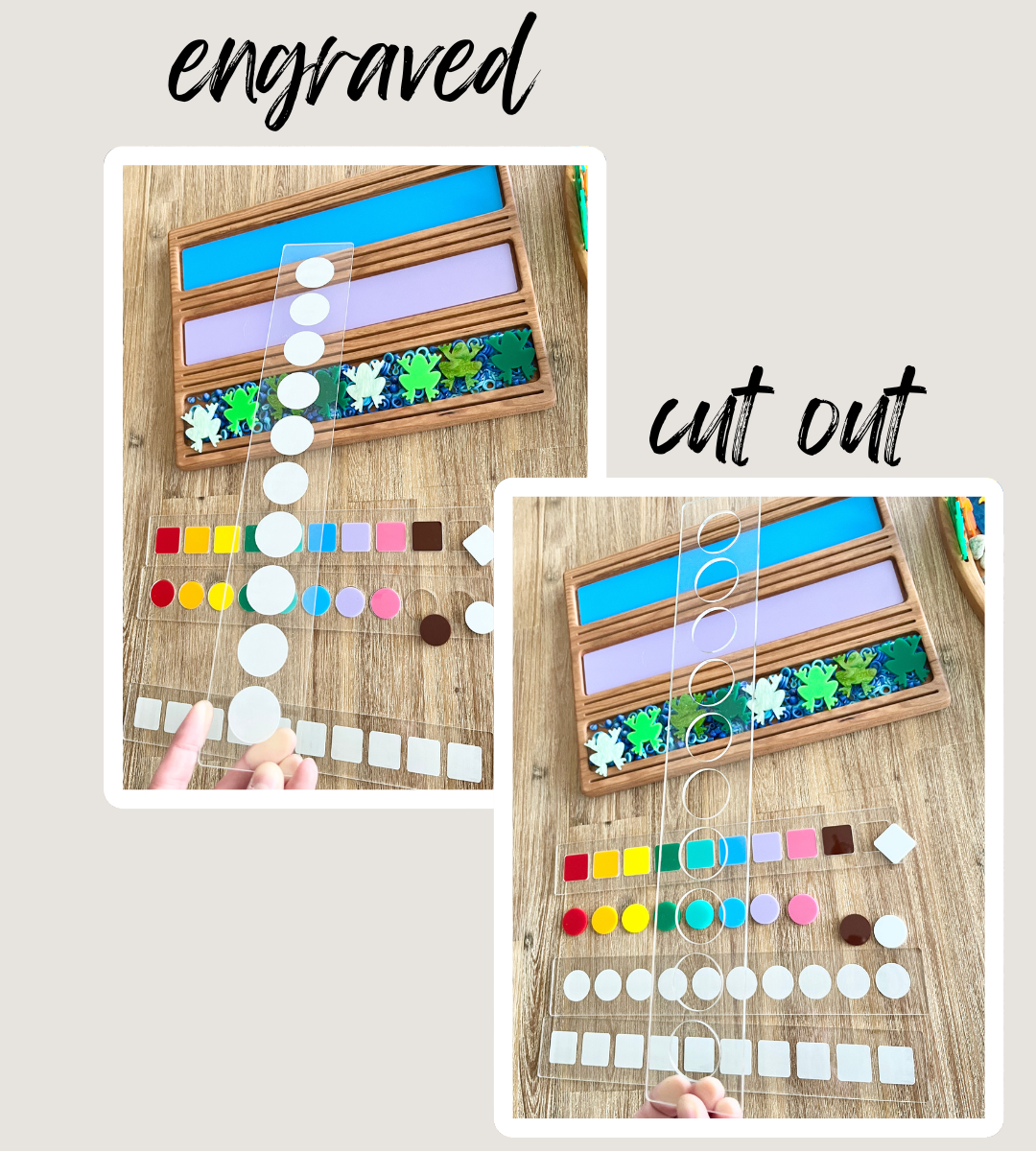10 Frame Dry Erase Bars; Fit into our Wooden Sentence & Literacy Board featuring clear plastic counting strips with circle markers over a wood tray with colorful frog and block shapes, handcrafted, homeschool, education resources.
