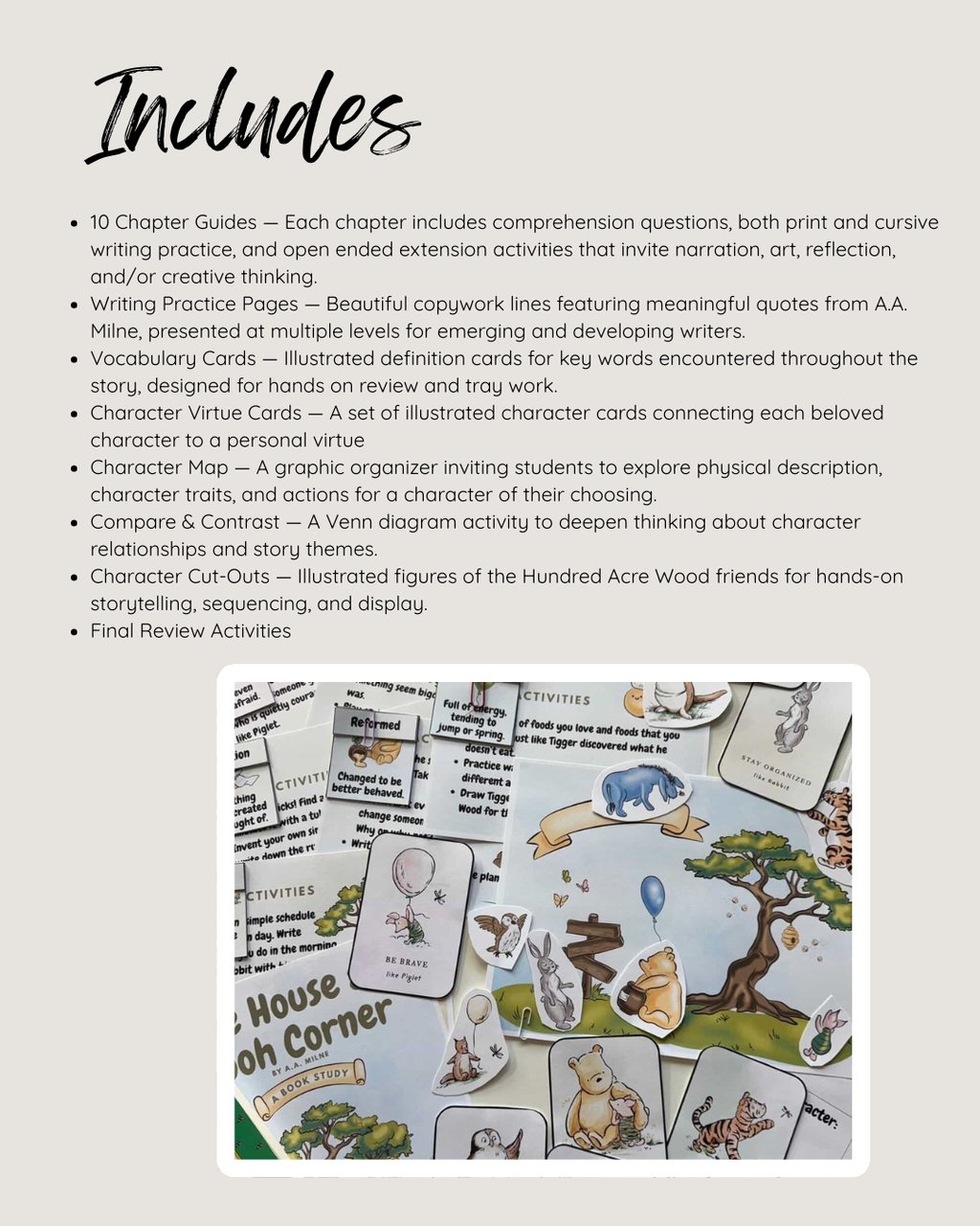 Assortment of illustrated educational printables featuring character flashcards, graphic organizers, and cut-outs inspired by classic story scenes, Digital Download or Print & Bound - The House at Pooh Corner Book Study, handcrafted homeschool education resources.