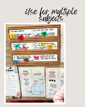Wooden Sentence & Learning Tray | Open Ended Literacy Board | Math & Play featuring handcrafted wood trays with educational word pieces and math-related vocabulary cards, unique homeschool education resources.