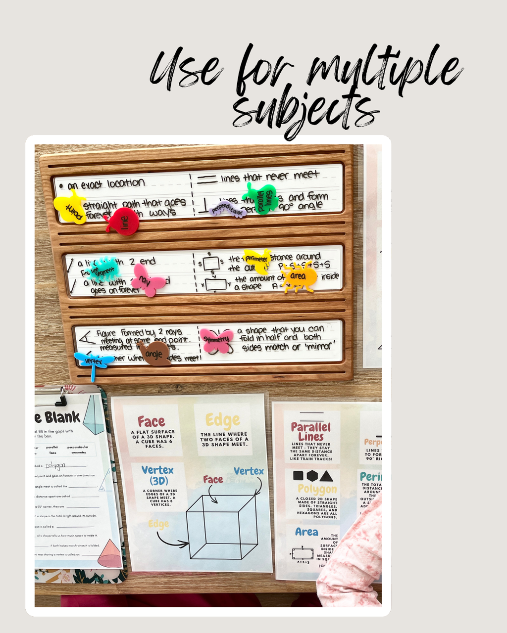 Wooden Sentence & Learning Tray | Open Ended Literacy Board | Math & Play featuring handcrafted wood trays with educational word pieces and math-related vocabulary cards, unique homeschool education resources.