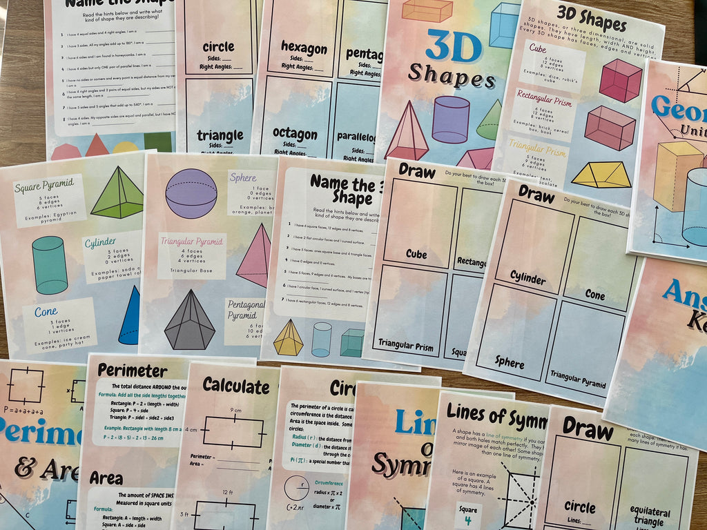 Collection of colorful printable worksheets and flashcards featuring 2D and 3D geometric shapes, perimeter, area, and symmetry activities as Digital Download | Math Geometry Unit Study with handcrafted homeschool education resources.