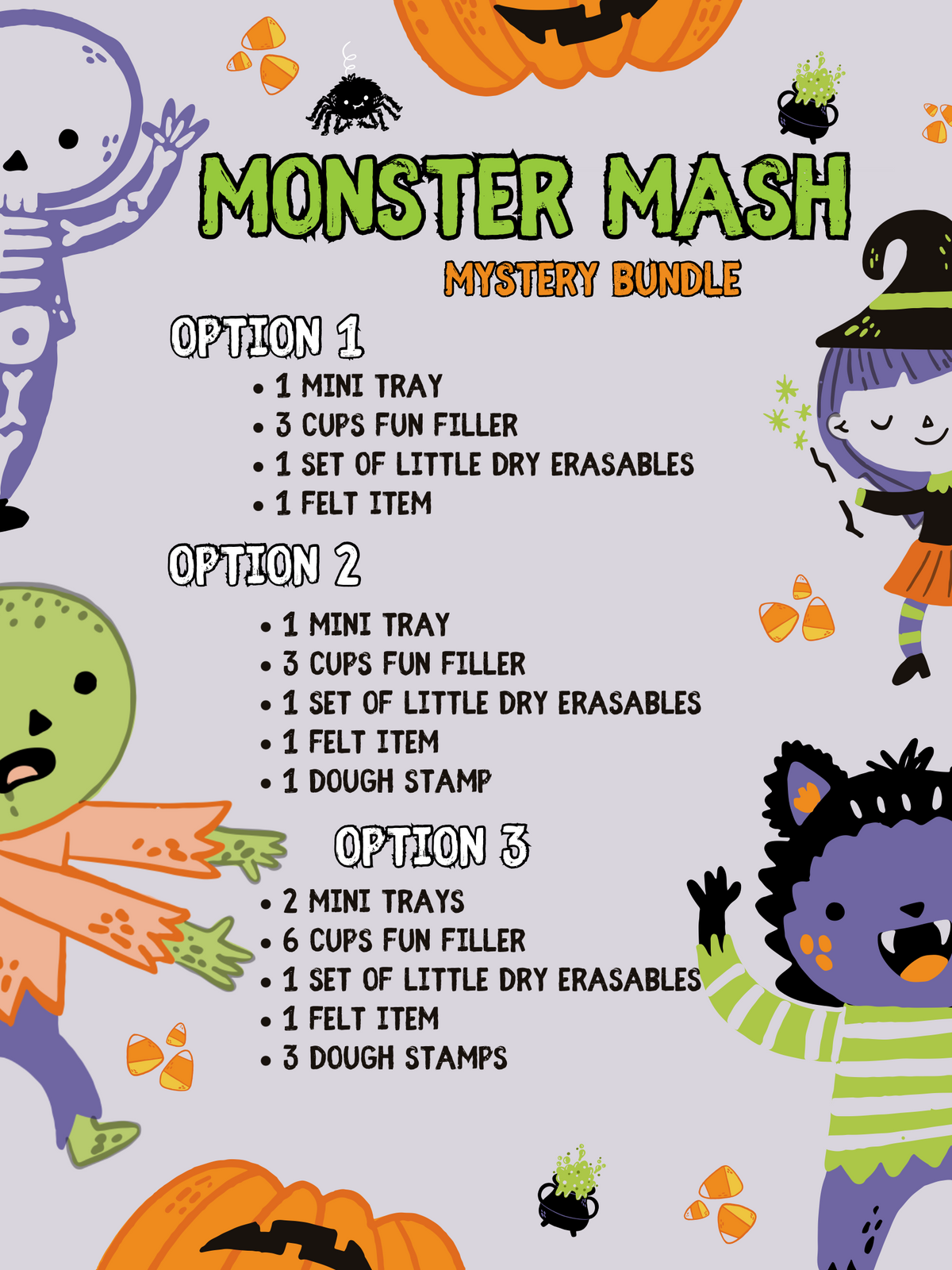 Illustrated Halloween flyer with skeleton, witch, pumpkin, zombie, and werewolf characters and candy corn accents