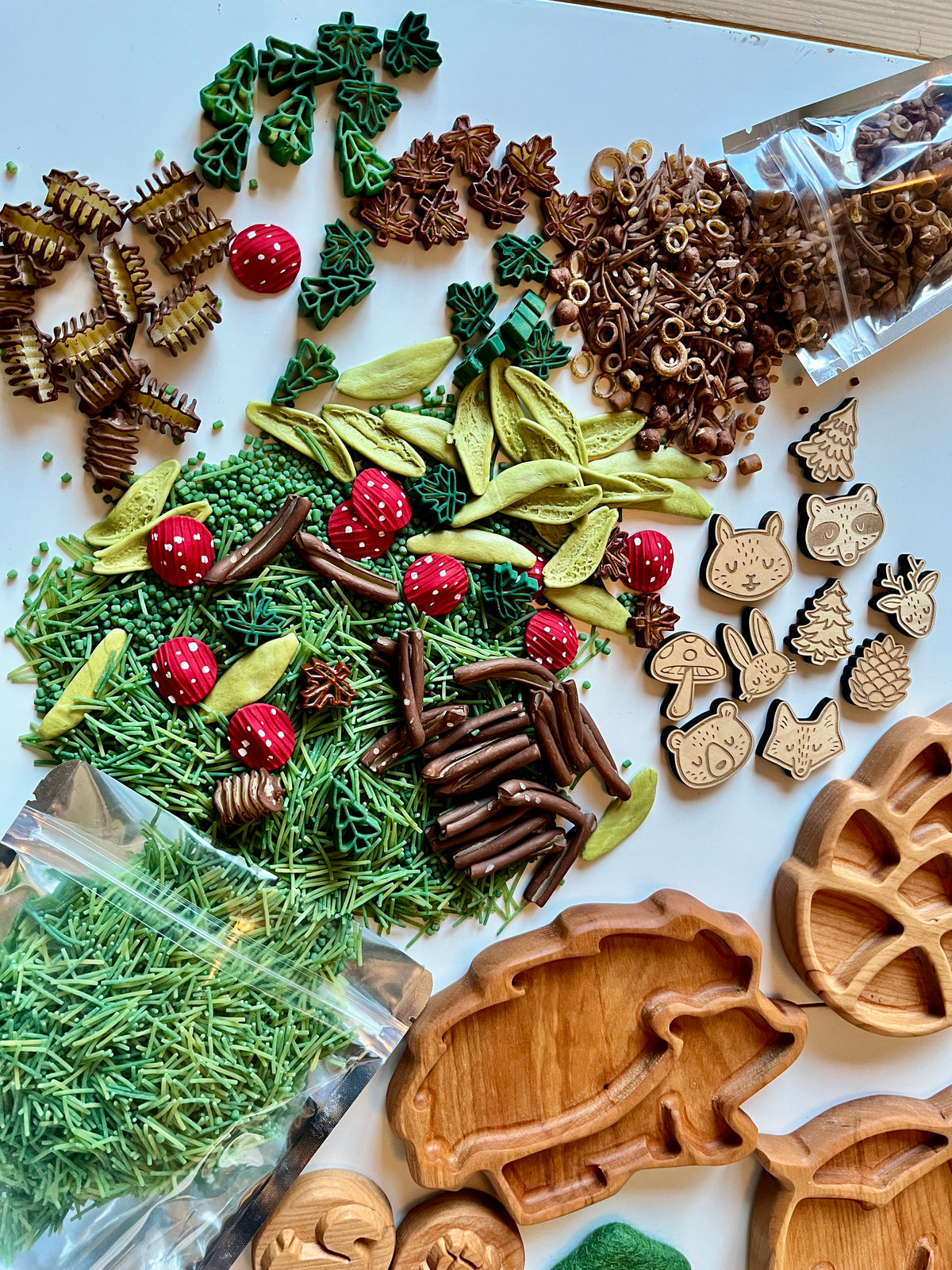 Assorted natural sensory materials including green pasta shapes, red spotted mushrooms, wooden animal and forest-themed cutouts, and wooden trays