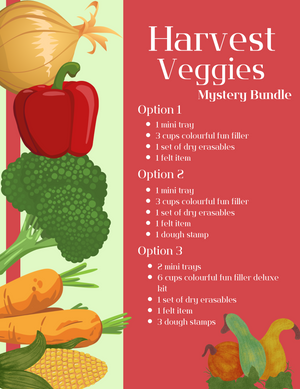 Illustration of colorful harvest vegetables including onion, red pepper, broccoli, carrots, corn, and gourds on split green and red background with text.