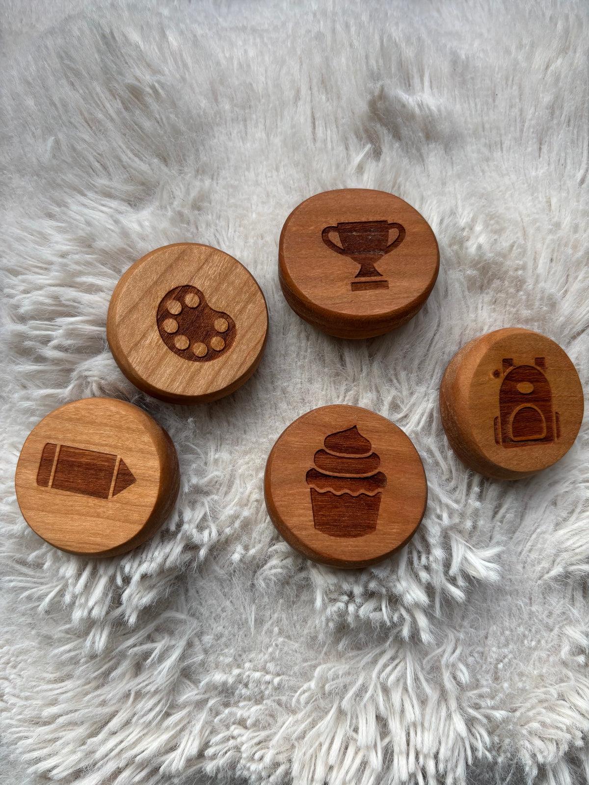 Ready to Ship, Playdough Stampers School handcrafted wooden stampers featuring carved school-themed designs including a paint palette, trophy, backpack, crayon, and cupcake, unique homeschool education resources wood toys.