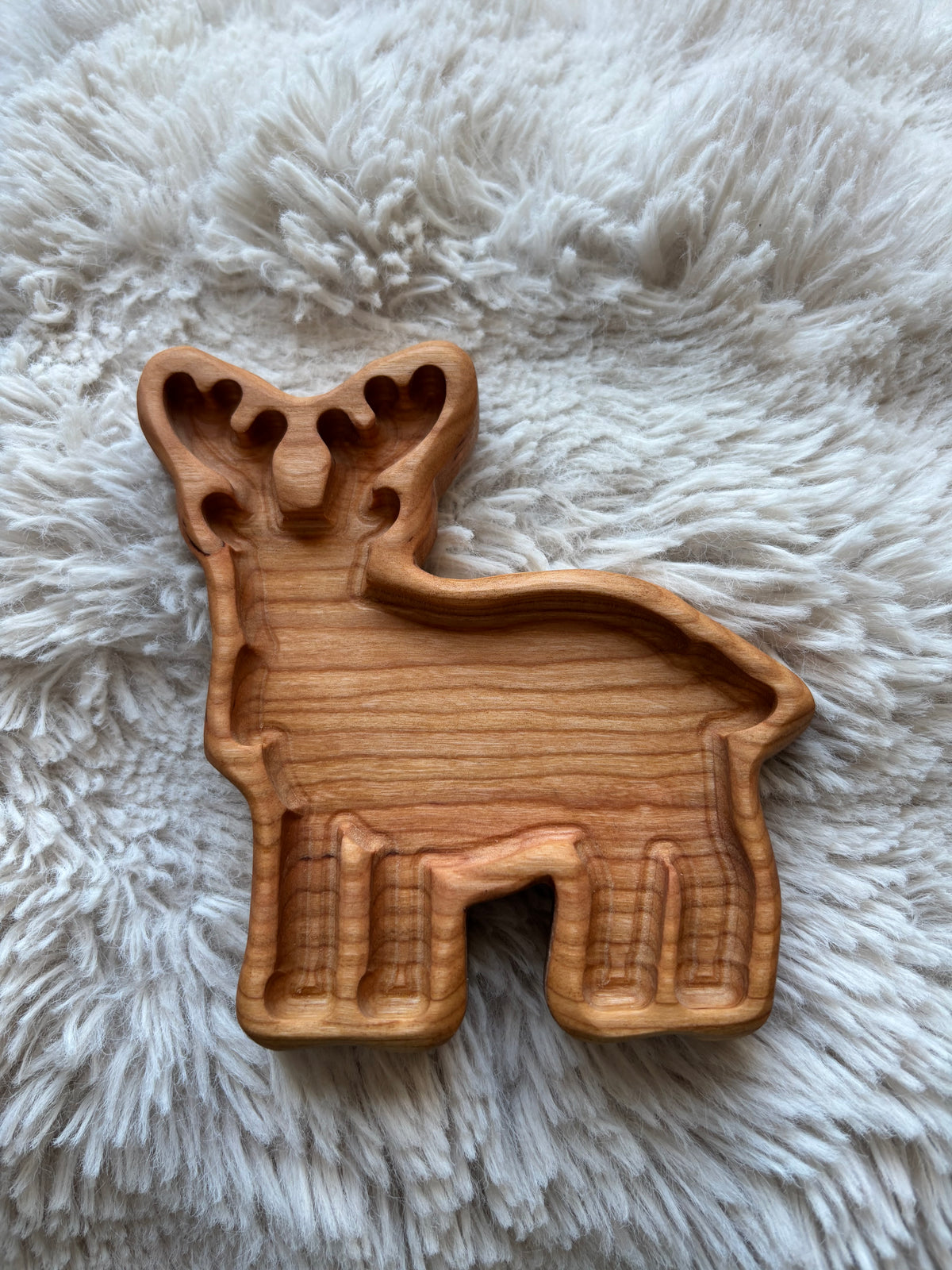 Ready to Ship, Reindeer Mini Tray carved from smooth natural wood with detailed antlers, designed as a handcrafted homeschool educational resource and wood tray for sensory play.