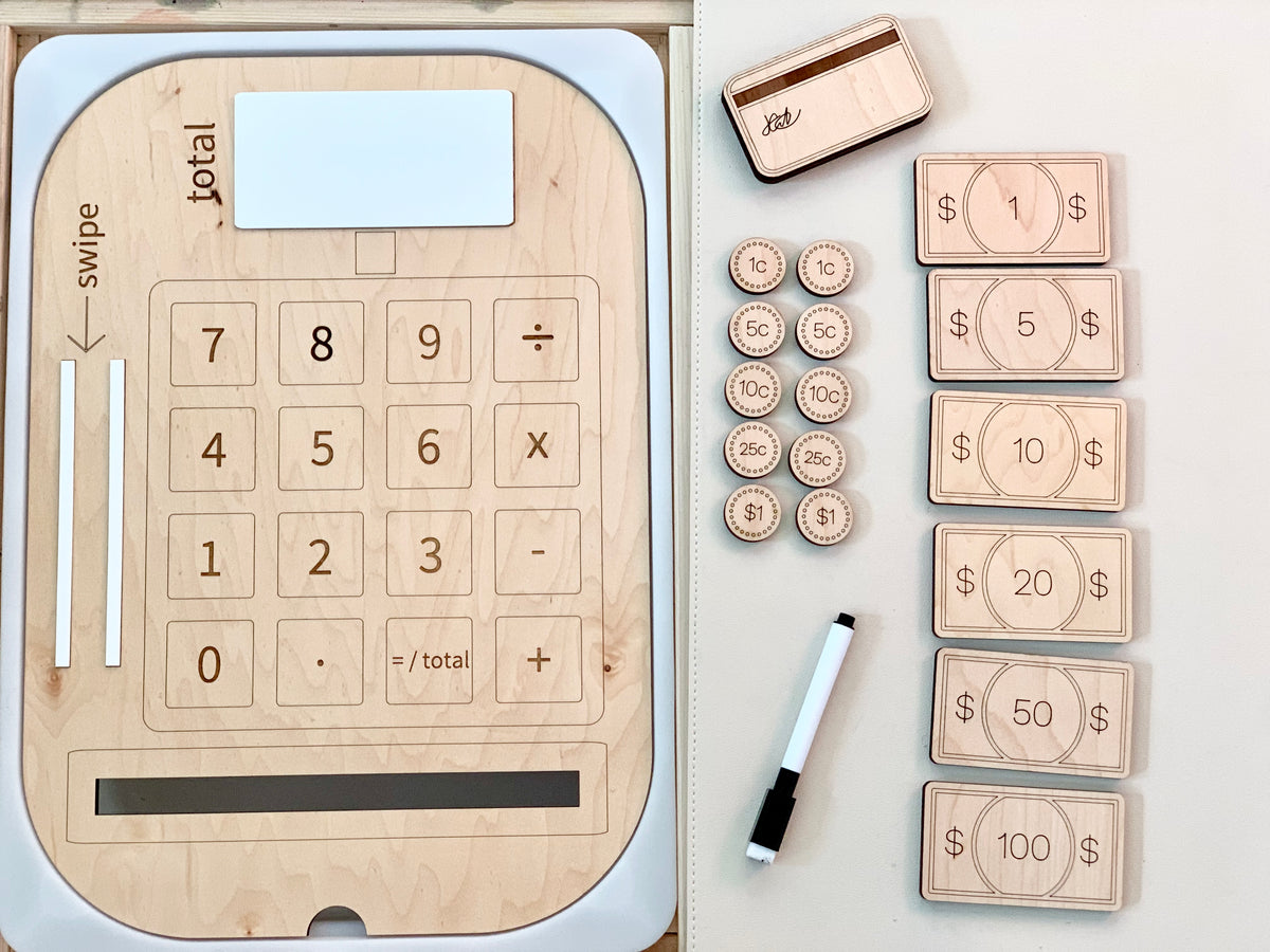 Wooden cash register Flisat insert with dry erase total, wooden credit cards, coins, play money bills, and marker on white background