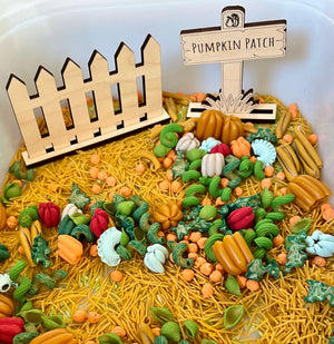 Miniature wooden fence and pumpkin patch sign among colorful pasta shapes in fall-inspired sensory bin setup
