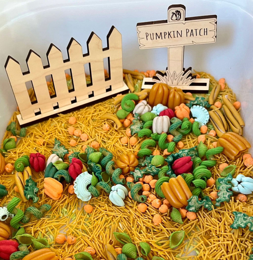 Miniature wooden fence and pumpkin patch sign among colorful pasta shapes in fall-inspired sensory bin setup
