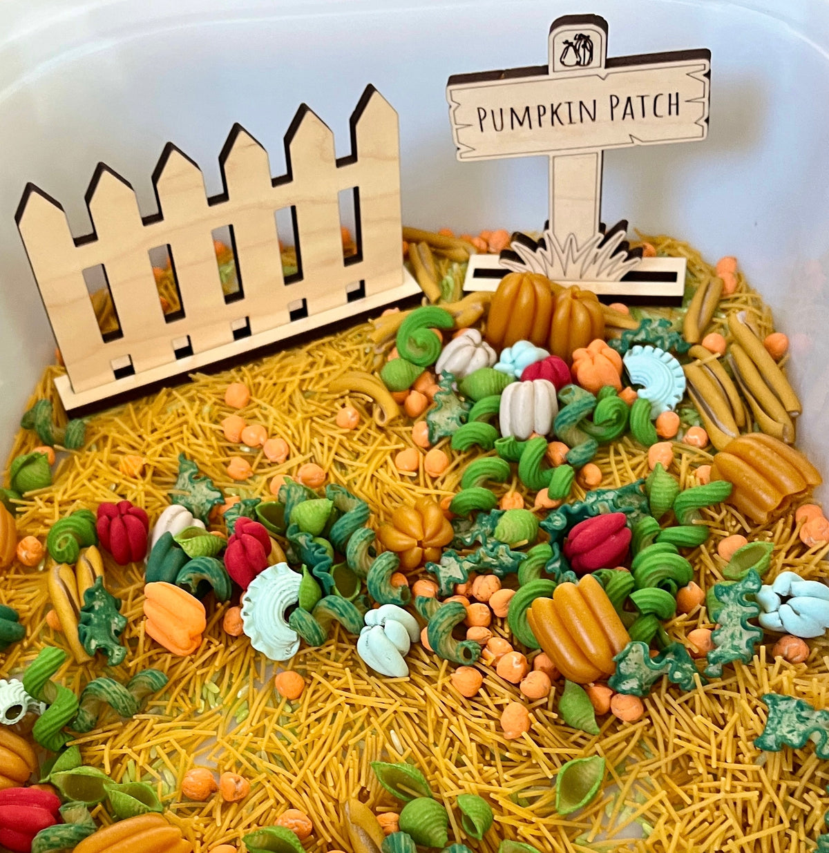 Miniature wooden fence and pumpkin patch sign among colorful pasta shapes in fall-inspired sensory bin setup