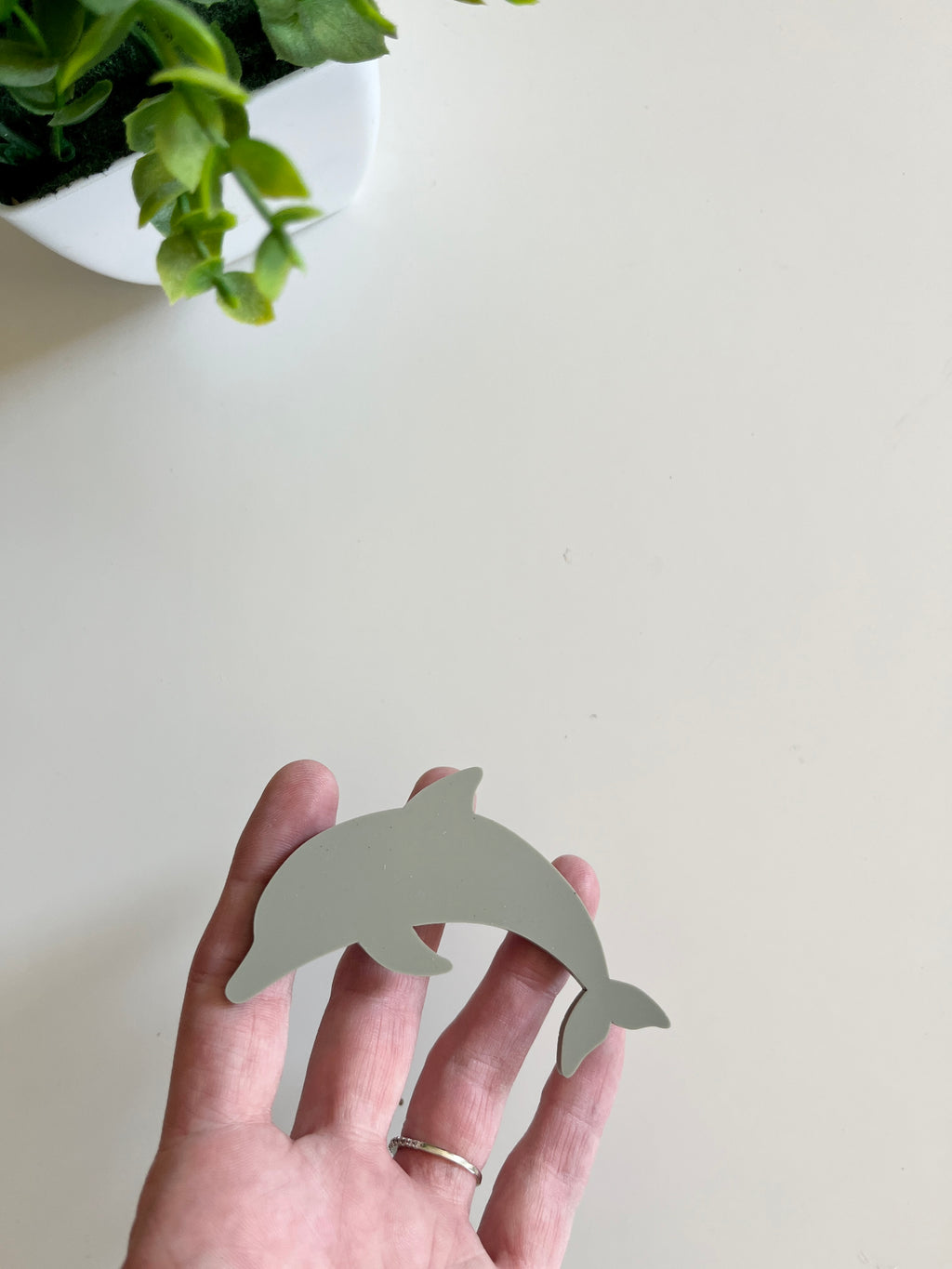 Hand holding a smooth gray dolphin-shaped cutout with a green leafy plant in a white pot nearby