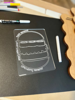 Clear plastic sheet with a hamburger graphic labeled for organizing topic sentence, details, and concluding sentence on black surface