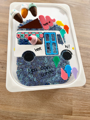 Dry Erasable Ice Cream Truck Flisat Table Bin Lid featuring colorful felt ice cream cones, writable surfaces with dry erase markers, blue sensory fillers, handcrafted, homeschool, education resources.
