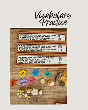 Wooden Sentence & Learning Tray | Open Ended Literacy Board | Math & Play featuring handcrafted wood trays with handwritten vocabulary cards, colorful flower word pieces, and felt bee figures, unique homeschool educational resources.