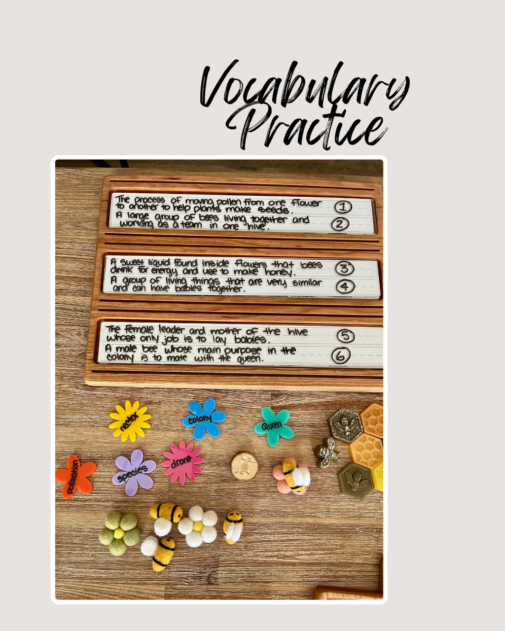 Wooden Sentence & Learning Tray | Open Ended Literacy Board | Math & Play featuring handcrafted wood trays with handwritten vocabulary cards, colorful flower word pieces, and felt bee figures, unique homeschool educational resources.