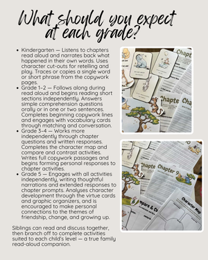 Detailed overview of grade-specific expectations for literacy and comprehension skills with accompanying illustrated character cards, chapter questions, and activity pages, Digital Download or Print & Bound - The House at Pooh Corner Book Study, handcrafted homeschool education resources.