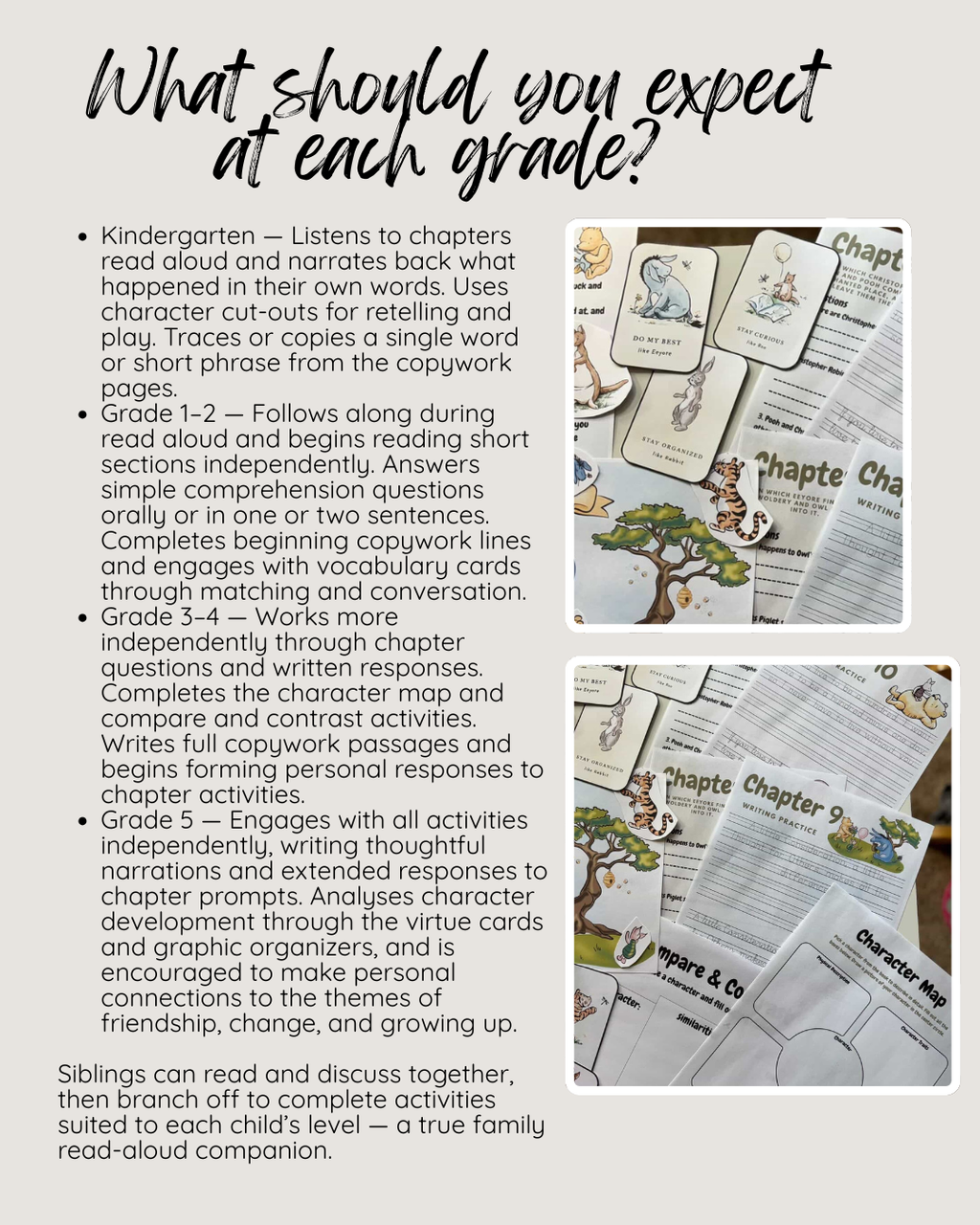 Detailed overview of grade-specific expectations for literacy and comprehension skills with accompanying illustrated character cards, chapter questions, and activity pages, Digital Download or Print & Bound - The House at Pooh Corner Book Study, handcrafted homeschool education resources.