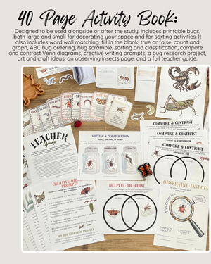 Printed 40-page activity book showcasing insect-themed educational pages with sorting, classification, comparison, creative writing prompts, bug research project, and teacher guide, featured alongside insect cutouts and wooden bug figurines, Digital Download or Print & Bound | Little Crawlers Unit Study, Activity/Review Package & Flash Cards, handcrafted homeschool education resources.