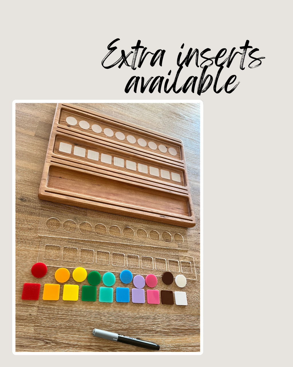 Wooden Sentence & Learning Tray | Open Ended Literacy Board | Math & Play featuring handcrafted wood trays with clear inserts and colorful shape counters, unique homeschool education resources.