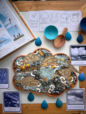 Cloud-shaped wooden sensory tray filled with rice, pasta, wooden cloud pieces, and blue raindrop toys on table with weather cards and book