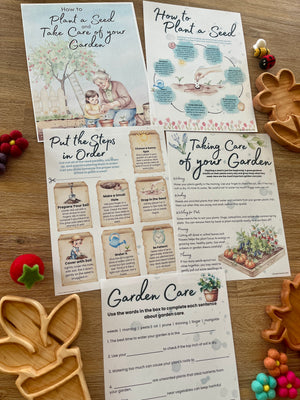 Set of printable homeschool pages featuring illustrated gardening instructions, seed planting steps, garden care tips, and a fill-in-the-blank activity with handcrafted flower and leaf-shaped wooden trays, Digital Download | Spring Gardening Complete Unit Study with handcrafted homeschool education resources.