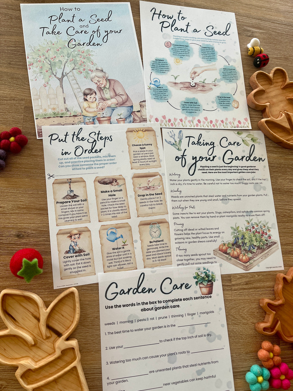 Set of printable homeschool pages featuring illustrated gardening instructions, seed planting steps, garden care tips, and a fill-in-the-blank activity with handcrafted flower and leaf-shaped wooden trays, Digital Download | Spring Gardening Complete Unit Study with handcrafted homeschool education resources.