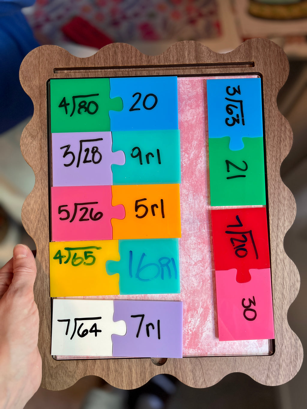 Little Dry Erasables - 2 Part Puzzles featuring colorful handcrafted wooden pieces with mathematical expressions and answers, designed as unique homeschool education resources.