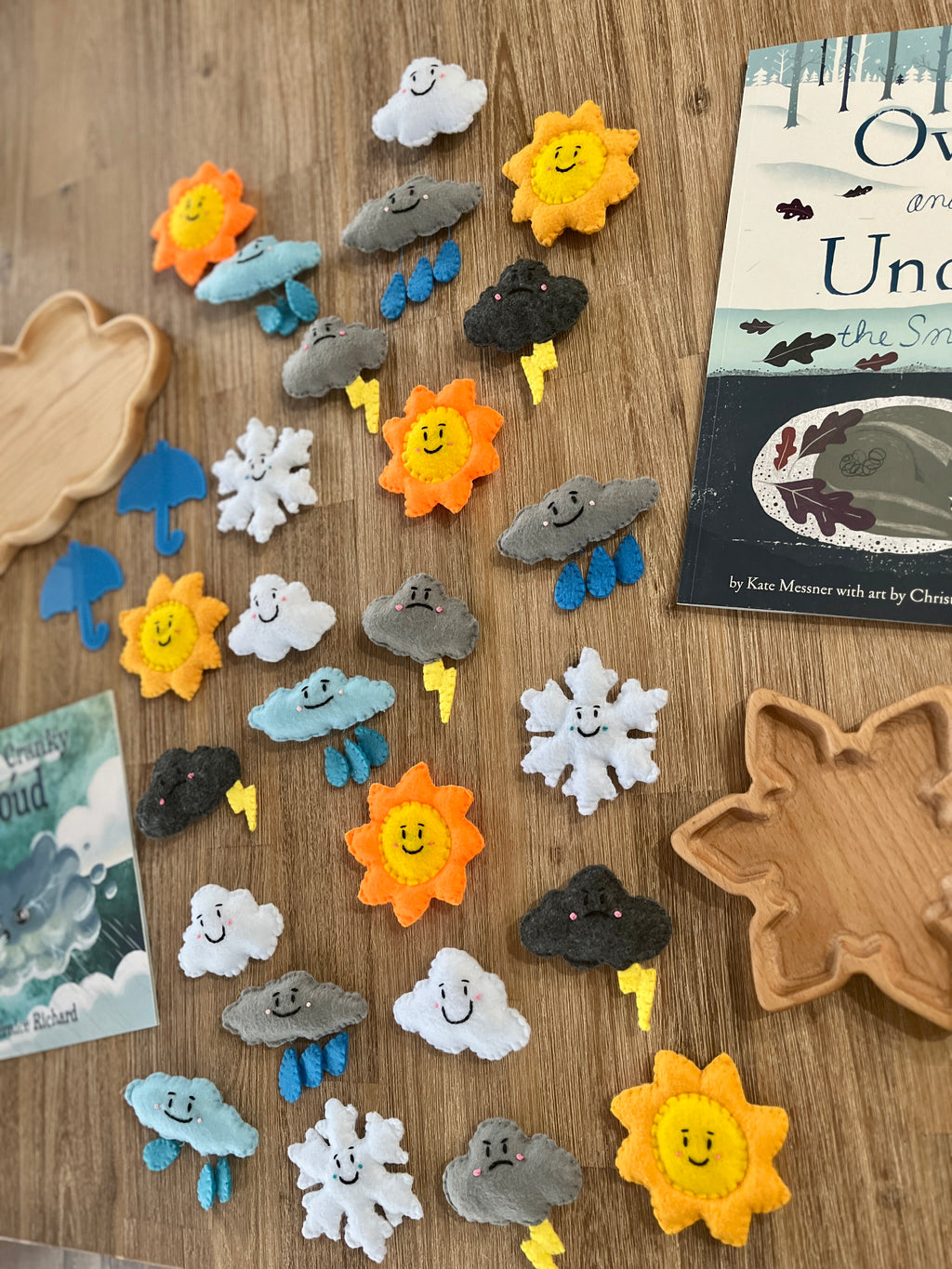 Assorted smiling and expressive felt weather shapes including suns, clouds, raindrops, snowflakes, and lightning bolts arranged on a wooden surface alongside wooden trays and children's books, Felt Weather Shapes, Made in Canada, handcrafted, homeschool, education resources.