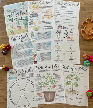 Printed educational worksheets and activity pages laid out on a wooden surface featuring illustrated plant life cycles, plant needs, parts of a plant, and a life cycle wheel, designed as Digital Download | Spring Gardening Complete Unit Study with handcrafted homeschool education resources.