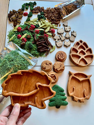 Wooden hedgehog and owl trays with carved animal stamps, felt tree, dried green botanicals, and pasta shapes on white surface