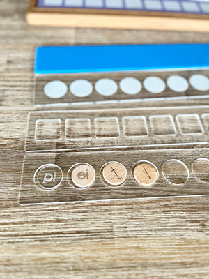 10 Frame Dry Erase Bars; Fit into our Wooden Sentence & Literacy Board, featuring clear plastic strips with circle markers and wooden letter inserts, handcrafted, homeschool, education resources.