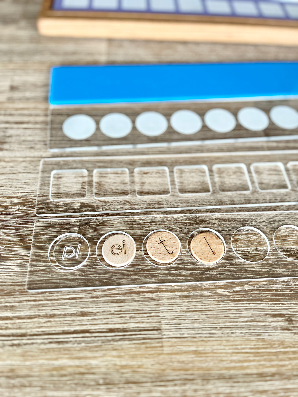 10 Frame Dry Erase Bars; Fit into our Wooden Sentence & Literacy Board, featuring clear plastic strips with circle markers and wooden letter inserts, handcrafted, homeschool, education resources.