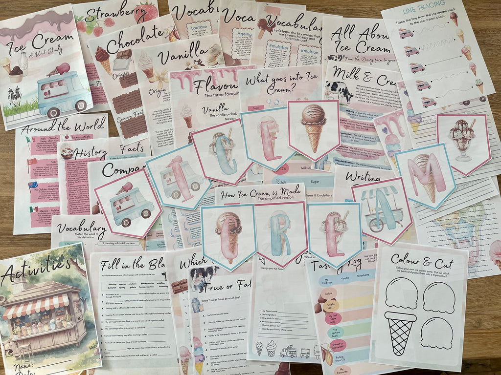 Digital Download | Ice Cream Unit Study featuring printable educational pages with vocabulary, history, writing prompts, facts, activities, and coloring for handcrafted homeschool education resources.