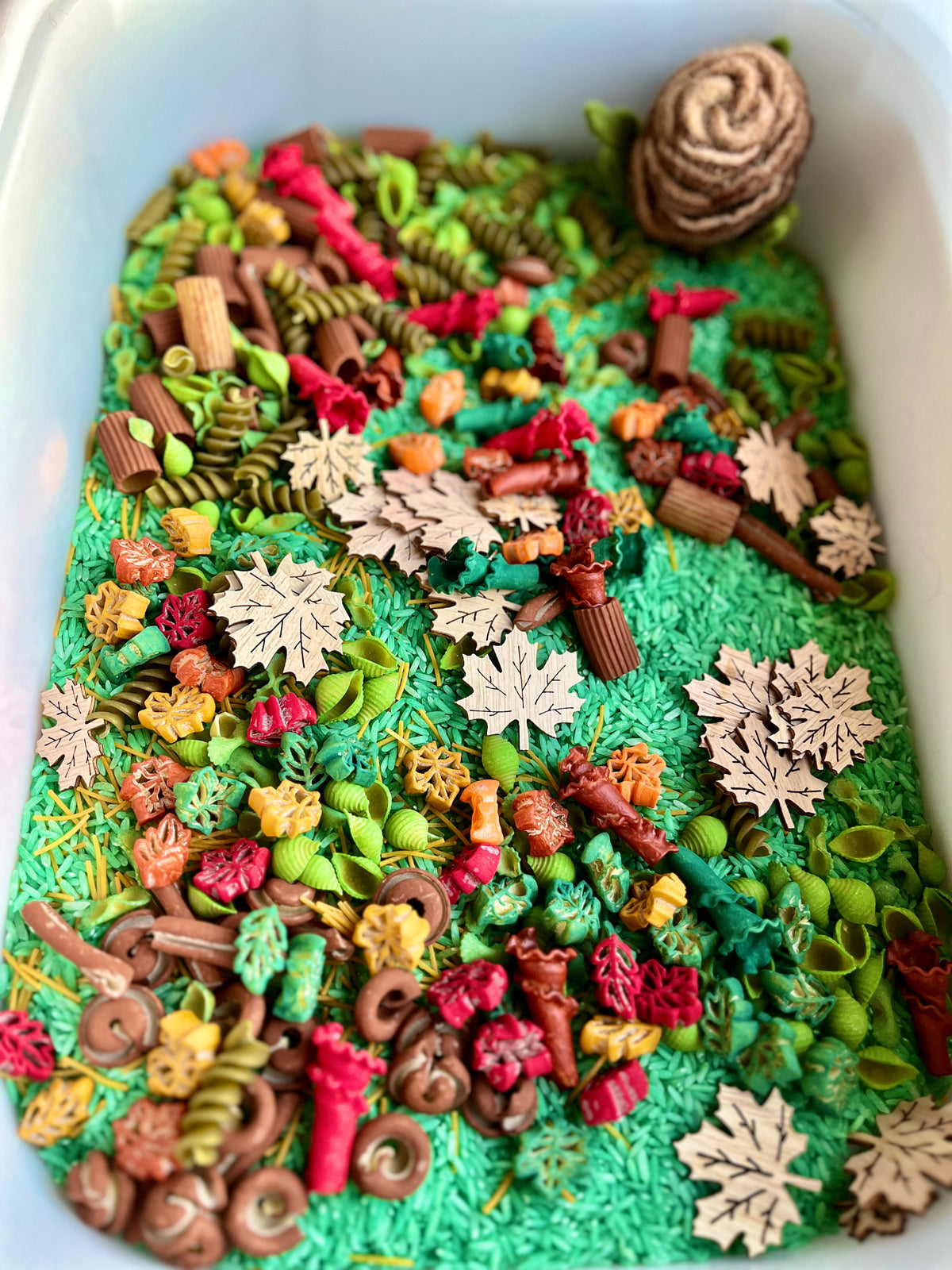 White bin filled with green rice, colorful pasta shapes, and wooden cutout leaves with a brown felt pinecone nearby